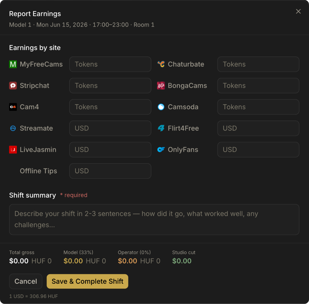 Report a shift's earnings by site